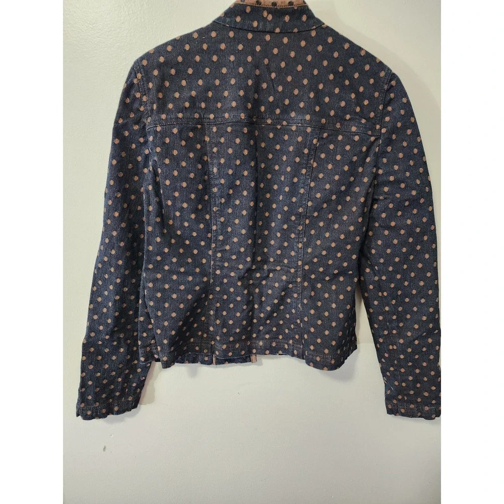 Doncaster Sport Polka Dot Denim Jacket Navy Brown Mock Neck XS/2 See Measurement